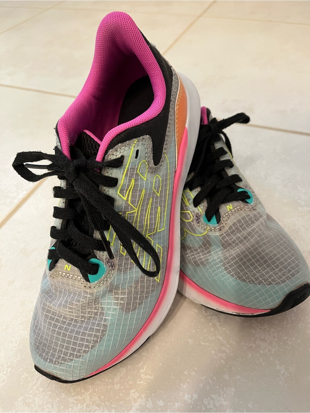 New Balance Women's Gray Mesh Running Sneakers with Pink and Teal Accents